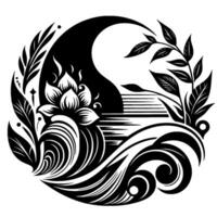 A symmetrical yinyang themed composition, integrating floral, water and foliage elements in black and white, enclosed in a circular frame. vector