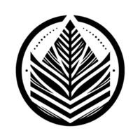 A minimalist, symmetrical black and white geometric featuring a stylized leaf or feather within a dotted circular frame, centered on a white background. vector