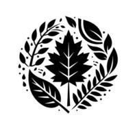 Black and white circular featuring a central maple leaf surrounded by various botanical illustrations, creating a harmonious natural arrangement. vector