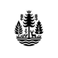 Stylized Black and White Forest Crest Featuring a Crowned Pine, Deer, and Foliage on a River Within an Oval Composition. vector