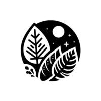 A monochromatic natureinspired featuring stylized leaves, a nighttime scene with a moon, stars, and a circular composition on a clean white background. vector