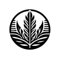 Abstract black and white botanical within a circle, featuring stylized leaves and symmetrical elements. vector