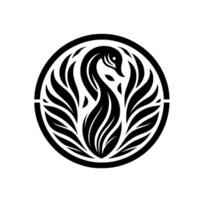 Elegant Black and White Swan with Leafy Embrace Inside Circular Frame, Minimalist Style. vector