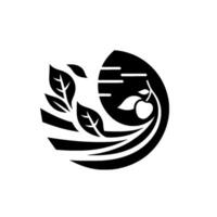 Stylized black and white circular featuring leaves, an apple, and abstract lines, suggesting organic and natureinspired . vector