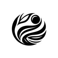 Abstract black and white circular featuring stylized leaves, waves, and a sphere, conveying balance and natural harmony. vector