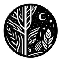 Intricate Black and White Circular Featuring a Central Tree, Foliage, Crescent Moon, and Stars Depicting a Nighttime Scene. vector