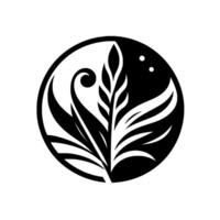 YinYang styled Botanical Illustration Featuring Leaves, Curves, and a Central Floral Spike Enclosed in a Black Circle with Two White Dots. vector