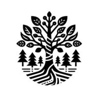 Stylized black and white tree and forest illustration within an oval composition, featuring leaves, berries, and pine trees. vector