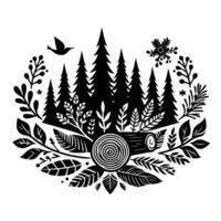 Black and White Forest Illustration Pine trees with foliage, bird, and snowflake, centered around a cut tree log with an organic, stylized . vector