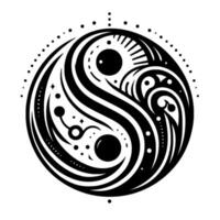 Intricate Yin Yang Illustration with Geometric Lines and Celestial Orbs, Contrasting Black and White, Symbolizing Balance and Harmony. vector