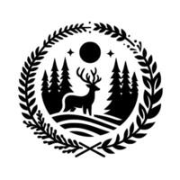 A monochrome circular emblem of a stag in a forest at night beneath the moon and stars, framed by a laurel wreath. vector