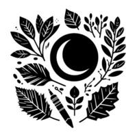 Black and white circular botanical illustration with a crescent moon, leaves, and a pen. vector