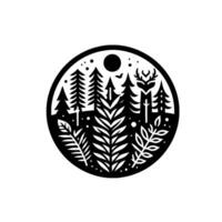 Silhouetted Forest Scene Circular Black and White Illustration with Deer, Trees, Moon, and Foliage, Artistic Composition. vector