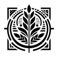 Intricate Art Deco style emblem featuring a stylized wheat stalk within a circular geometric frame and square border, monochrome. vector