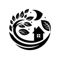 Circular minimalist with a house under a crescent moon and leafy tree branch, representing nature, home, and tranquility. vector