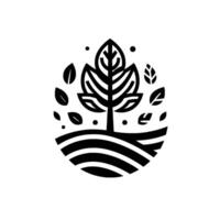 Monochromatic Minimalist Emblem Stylized Tree with Leaves and Dot Accents in a Circle, Symbolizing Growth and Nature. vector