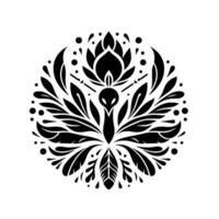 Intricate, symmetrical black and white artwork of a peacocklike creature surrounded by stylized leaves, flowers, and dots, forming a circular pattern on a white background. vector
