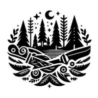 Black and white circular nature scene with trees, a crescent moon, stars, river, and tool, evoking exploration and adventure. vector
