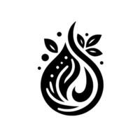 Minimalist Black and White Symbol a water droplet with organic flow, accented by leaves and dots, conveying freshness, growth, and purity. vector