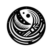 Abstract Black White Circular Illustration of a Fish Crescent Moon Within a Celestial with Stars and Dots. vector