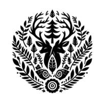 Symmetrical black and white circular featuring two deer with intertwined antlers, surrounded by forest elements like trees, leaves, and a gear. vector