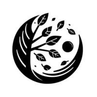 Circular black and white minimalist illustration of a tree with falling leaves, a sphere, and stylized lines within a circle. vector