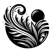 Black and white illustration of stylized plant life and a sphere, with a swirling , creating a balanced composition on a plain background. vector