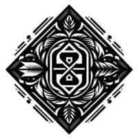 Intricate symmetrical black and white diamondshaped artwork with stylized floral and geometric elements, creating an ornamental emblem. vector