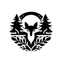Monochrome Circular Emblem Featuring a Stylized Fox Amidst Evergreen Trees and Leafy Foliage, Representing Natures Tranquility. vector