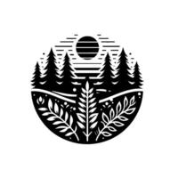 Circular black and white nature stylized forest scene with evergreen trees, sun, and botanical elements inside a circle. vector