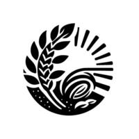 Abstract black and white circular featuring stylized wheat, sun rays, and organic shapes with dots. vector