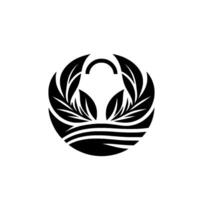 Minimalist Black and White Emblem Circular Featuring Leafy Branches Over Watery Lines, with an arched Shape and an open shape above. vector