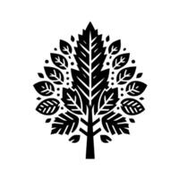 A stylized black and white geometric tree featuring a central leaflike structure surrounded by smaller leaves and dots, evoking nature. vector