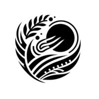 A stylized, symmetrical black and white circular , featuring a sunlike shape, stylized plant elements, and flowing lines. vector