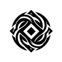 Intricate black and white circular tribal with interwoven lines, diamond center on a minimalist background. vector
