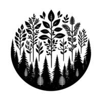 Serene monochrome forest scene in a circular frame featuring stylized trees with leaves, pines, and a minimalist aesthetic. vector