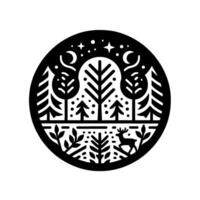 Black and White Forest Scene in a Circular Frame Featuring Trees, Deer, Moon, and Stars, Evening or Nightscape. vector