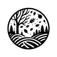 Black and white circular emblem of a tree losing leaves in the wind, a forest scene with stylized fields and trees. vector