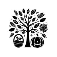 Stylized Black and White Autumnal Composition Featuring a Tree with Leaves, a JackoLantern, and a Spiderweb Element. vector
