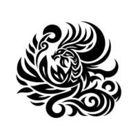 Intricate Black and White Phoenix Tattoo with Flowing Feathers, Swirls, and Leaf Motifs, on Isolated White Background vector
