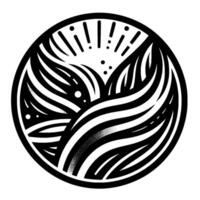 Circular Black and White Abstract depiction of stylized nature elements with leaves, lines, sunburst, and dots. vector