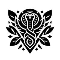 Symbolic black and white illustration featuring a cobra with entwined body within a symmetrical , incorporating leaves, diamonds, and geometric patterns. vector
