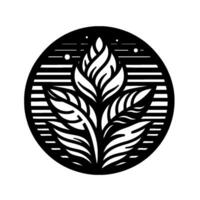 Black and white stylized floral emblem within a circle, featuring a plantlike with leaves and lines, on a white background. vector