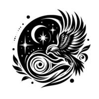 Black and white circular illustration of an eagle in flight within a celestial , featuring a crescent moon and stars. vector