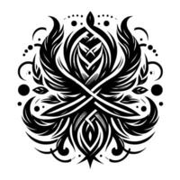 Ornate Black and White Symmetric Floral and Feather Elements Radiating from a Central Knot, Dots, and Curvaceous Lines vector