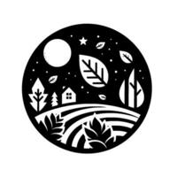 A circular black and white illustration of a moonlit night scene featuring a house, trees, leaves, fields, and stars. vector