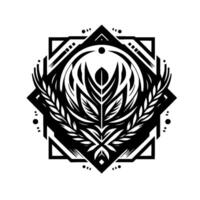 Geometric Black and White Botanical Emblem, Featuring Wheat and Leaf Motifs within a Symmetrical Square . vector