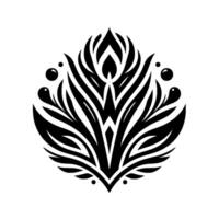 A symmetrical, minimalist floral emblem in black and white, featuring stylized petals, pointed leaves, and spherical accents on a stark white background. vector