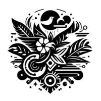 Geometric Floral Composition with Bird, Sun, and Botanical Elements in Bold Black and White . vector