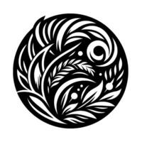 Circular black and white botanical featuring stylized leaves, petals, and spirals, rendered in a minimalist style. vector